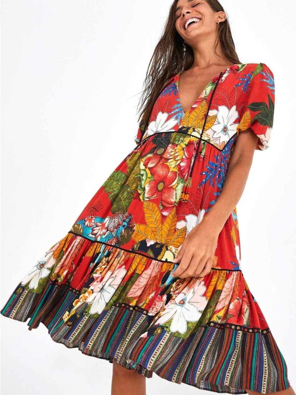 Farm Rio Babydoll Dress Puff Floral Bordado Tiered Size XS